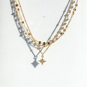 Triple Layer Star Pendant Necklace Waterproof Non Tarnish Gold Layering Jewelry